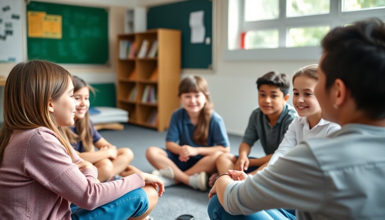 School students sitting together in a circle during a counselor group session