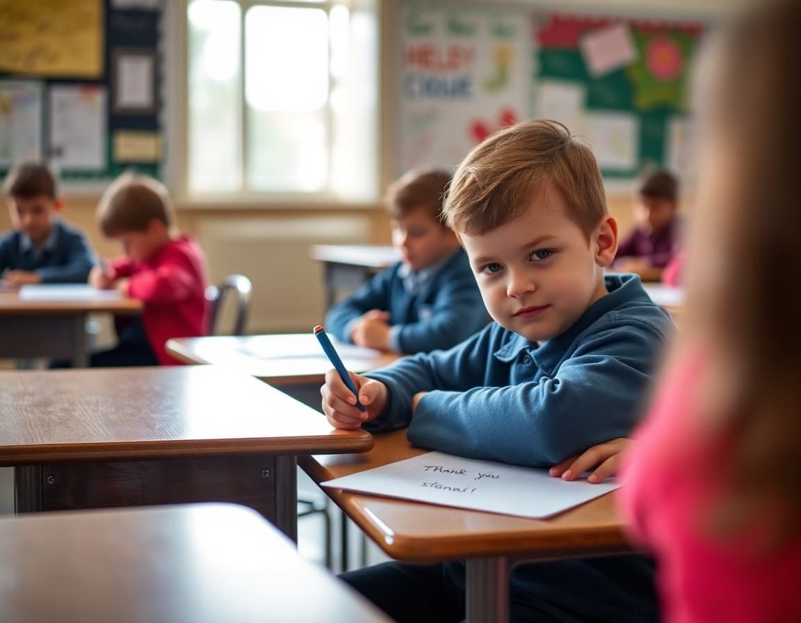 Child writing a thank-you note to a classmate at a school desk
