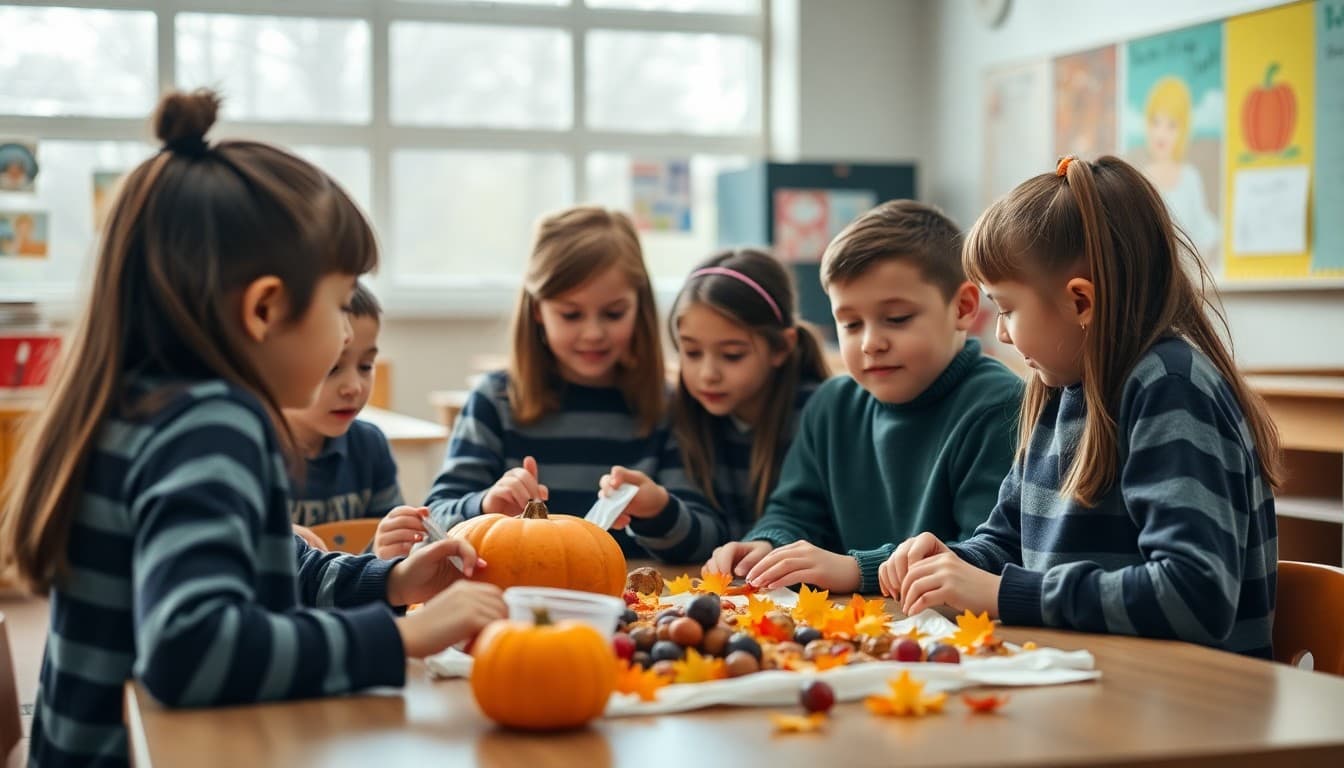 Students sharing a Thanksgiving-themed school activity together
