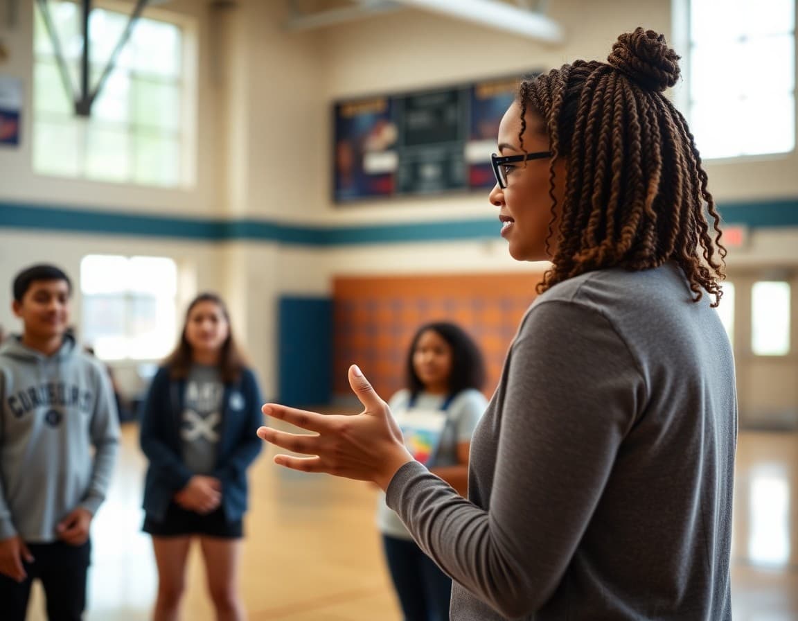 School counselor leading a Unity Day activity in a gymnasium