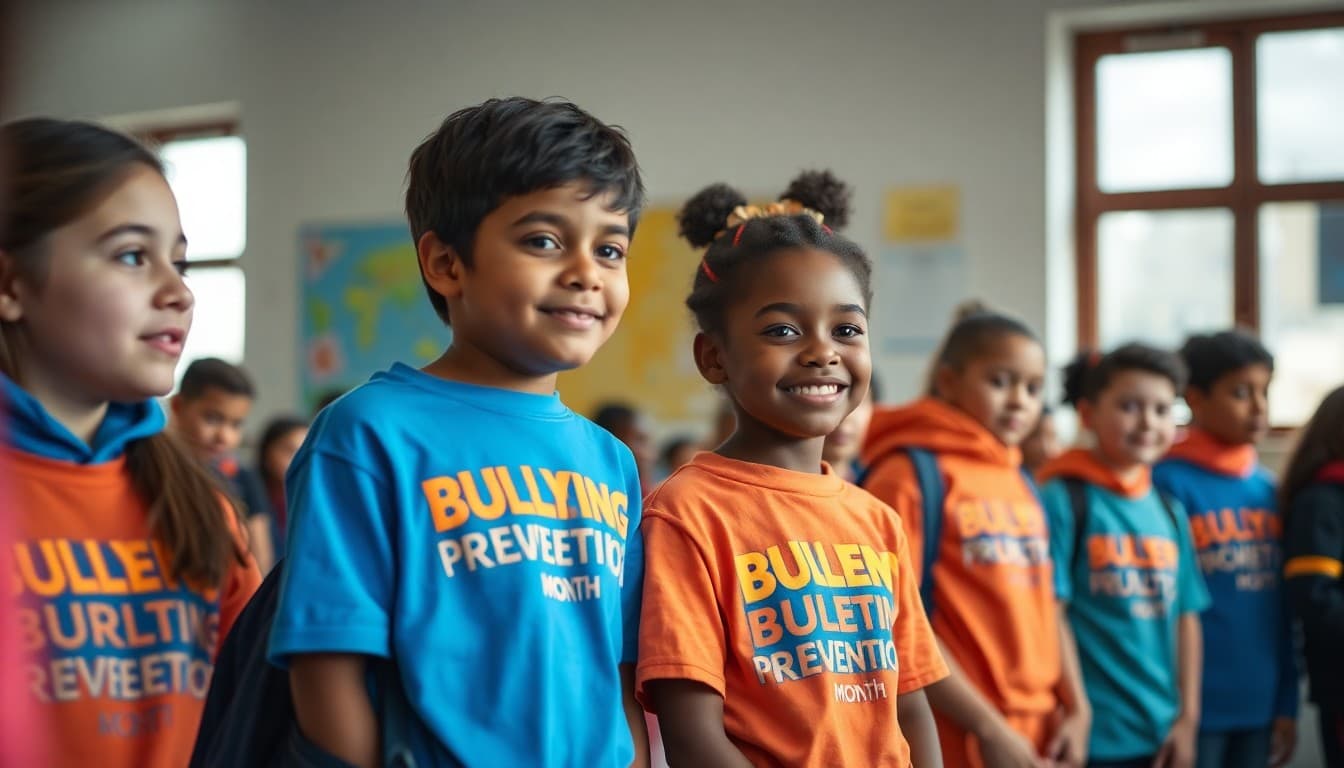 Students wearing blue and orange for National Bullying Prevention Month
