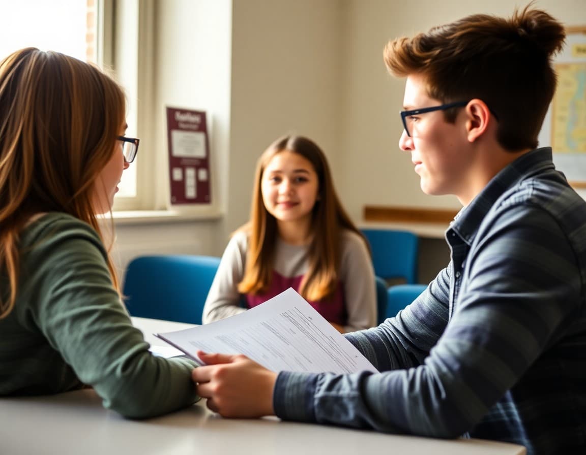 School counselor reviewing coping strategies with a high school student