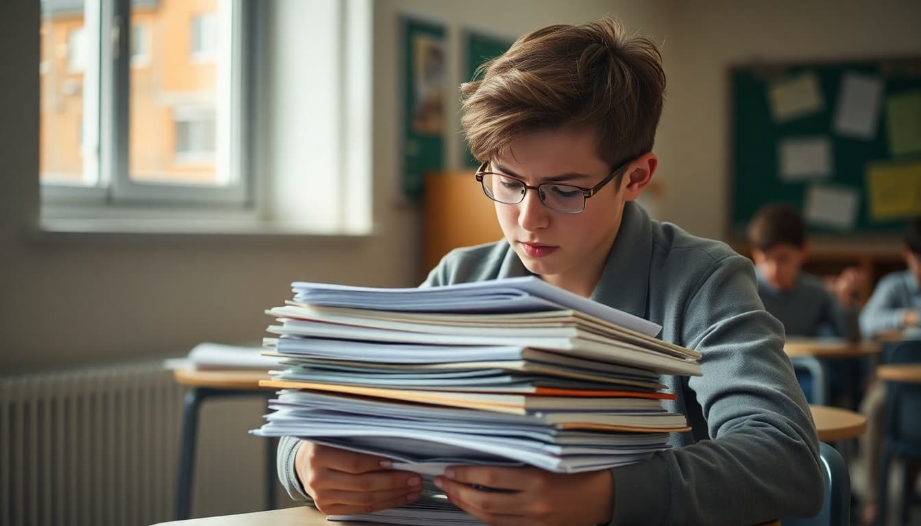 Student stressed over a stack of textbooks and exam papers in fall