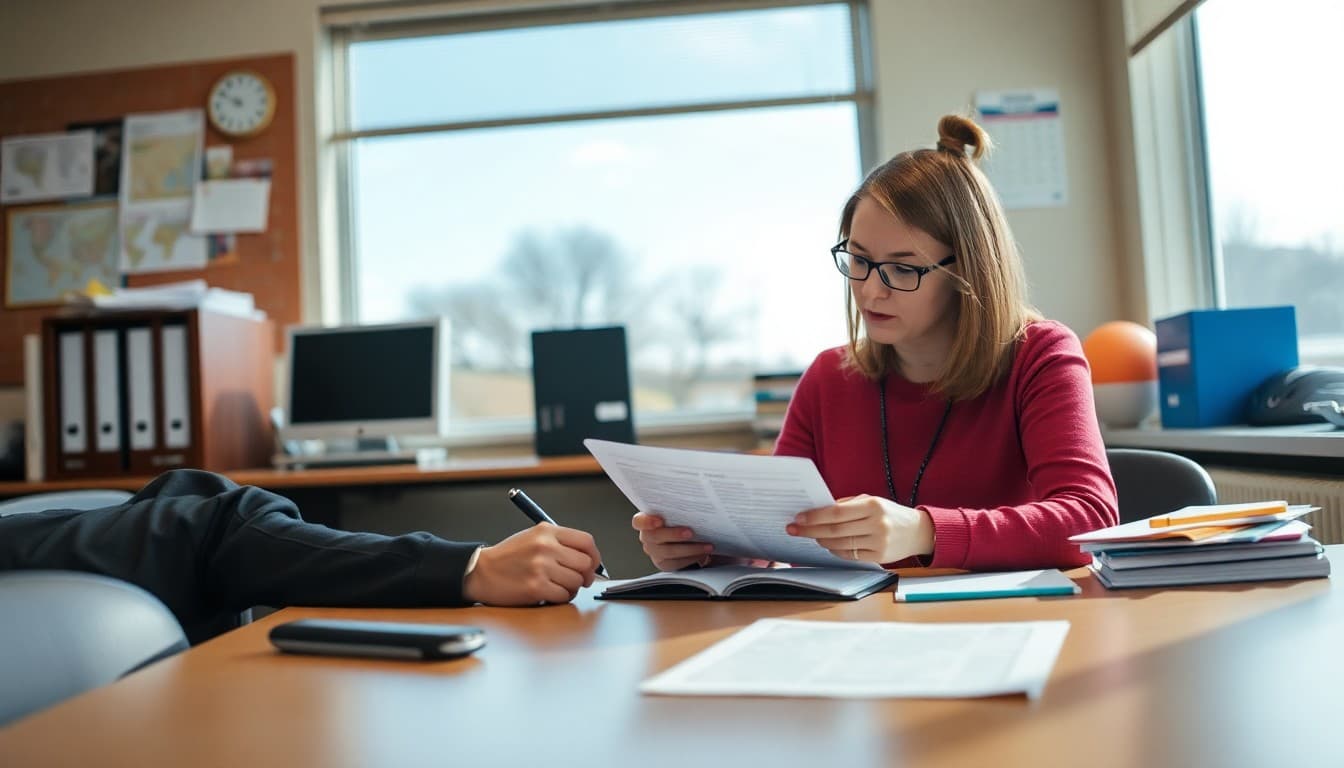 Ohio school counselor writing a newsletter in a Midwest school office