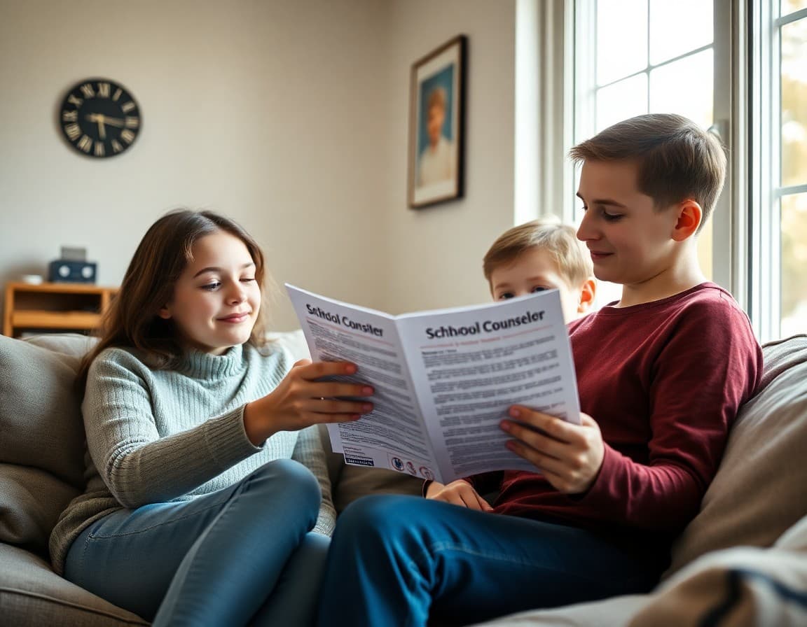Oklahoma family reading a school counselor newsletter together at home