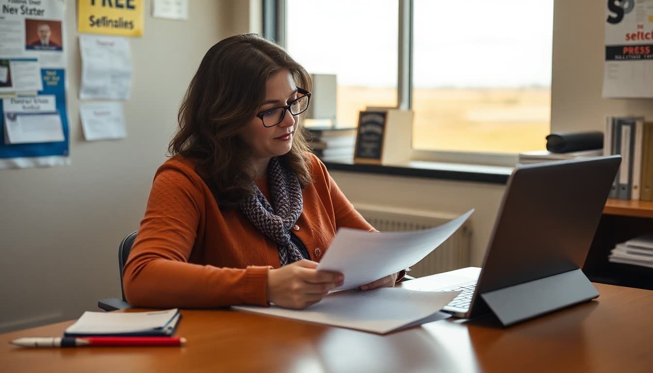 Oklahoma school counselor writing a newsletter in a school office with Oklahoma plains visible outside