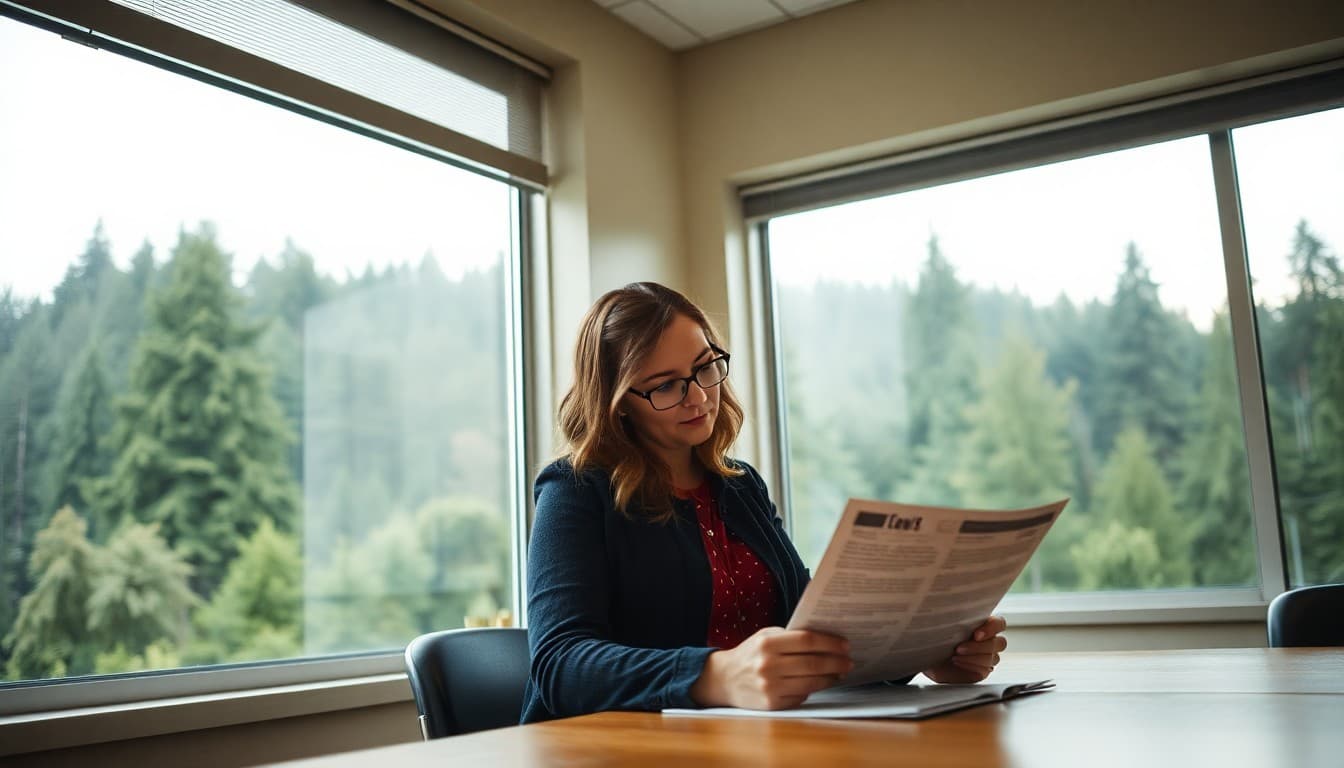 Oregon school counselor writing a newsletter in a school office with Pacific Northwest forest visible outside