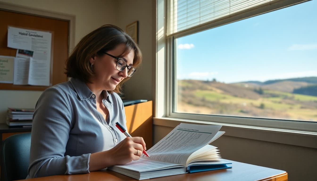 Pennsylvania school counselor writing a newsletter in a school office with rolling Pennsylvania hills visible