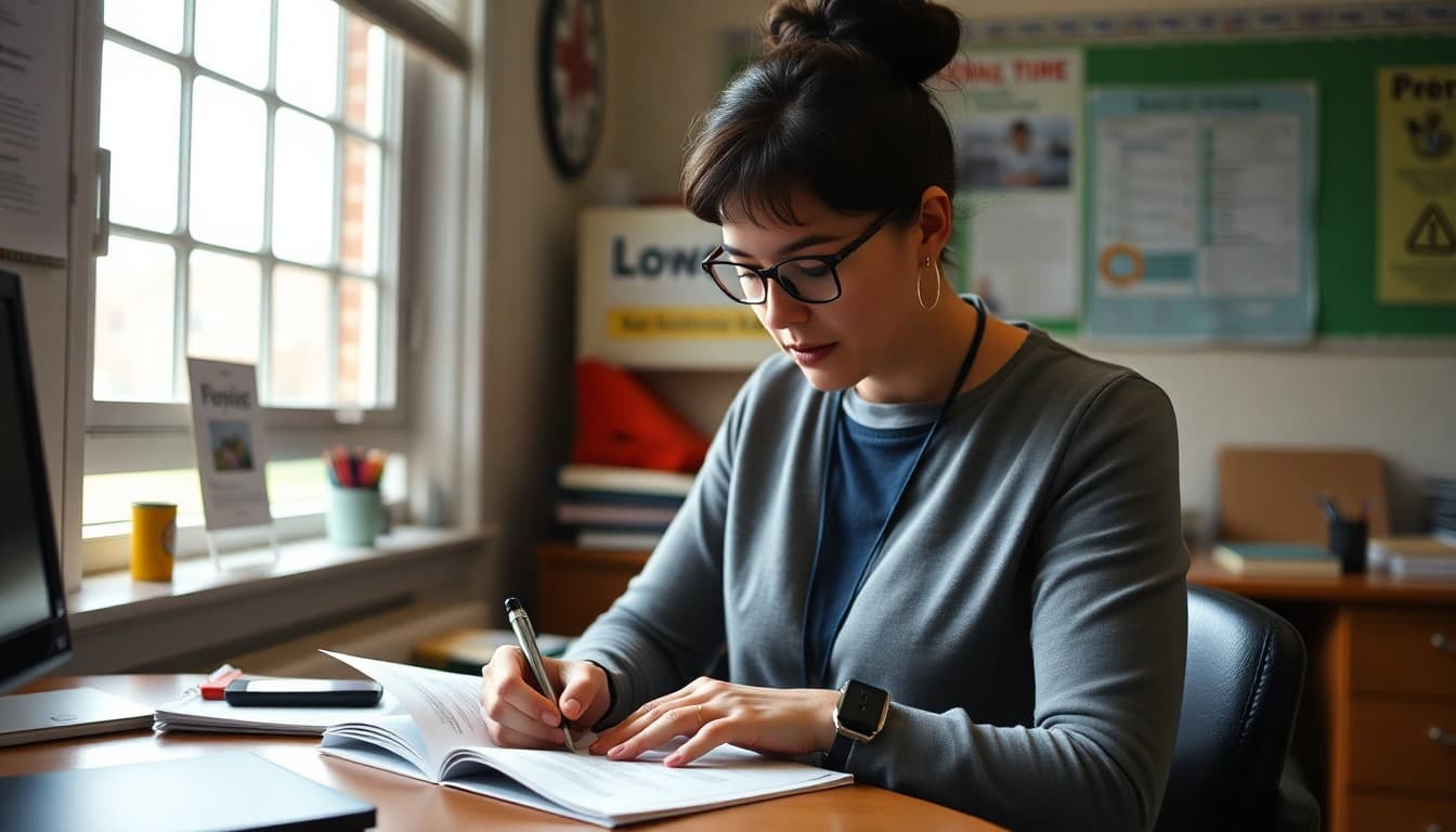 Rhode Island school counselor writing a newsletter in a Providence school office