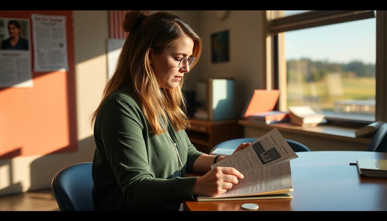 South Carolina school counselor writing a newsletter in a school office with Low Country or Upstate landscape visible
