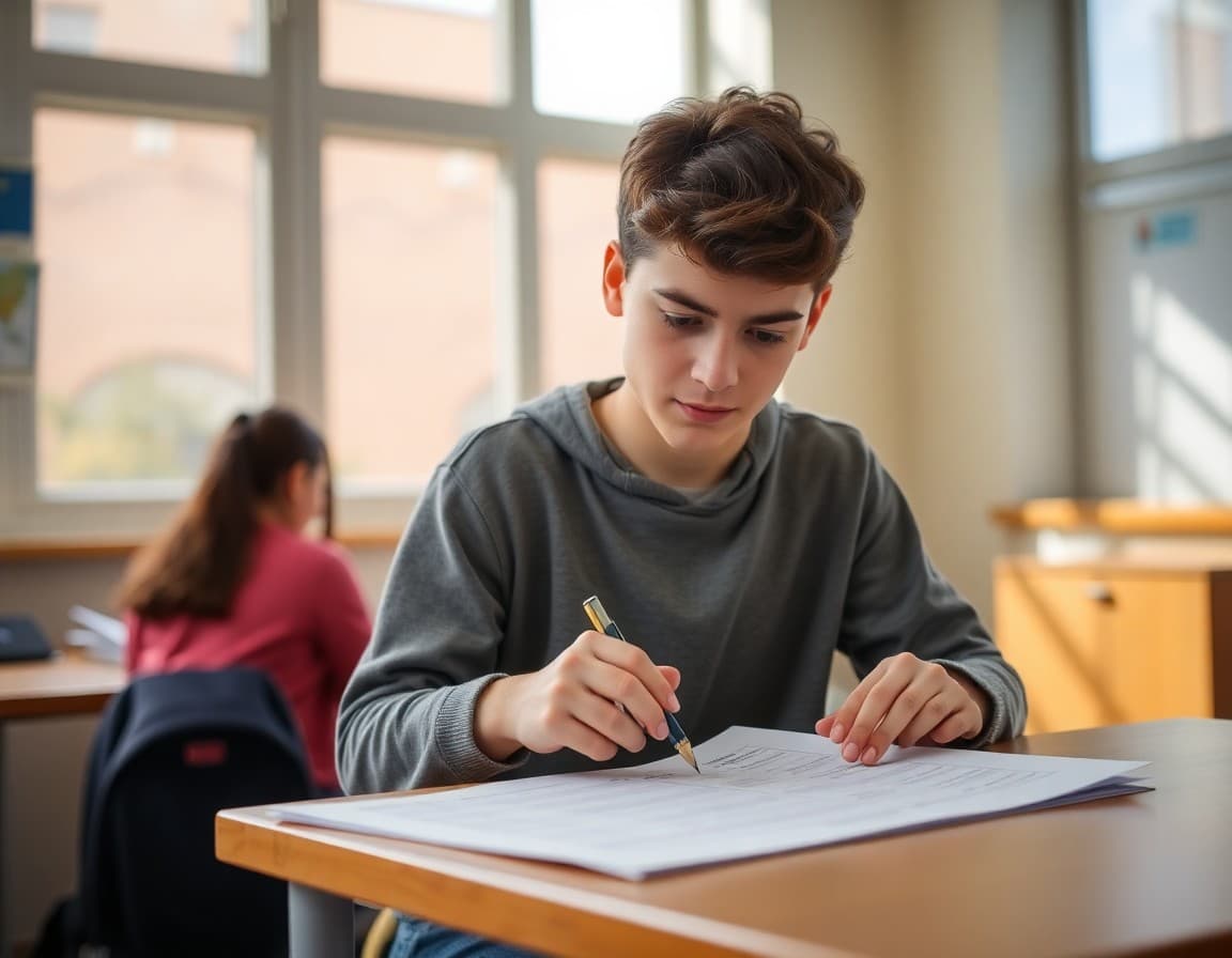 High school student mapping out course selections on a counselor-provided planning worksheet