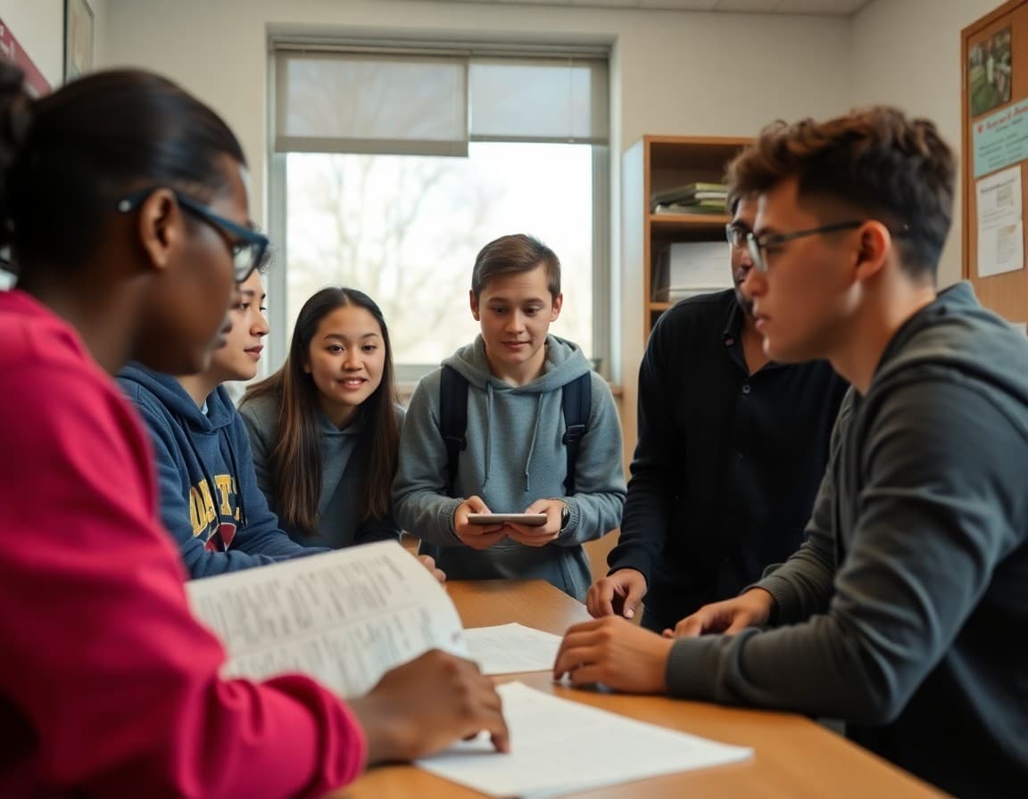 High school students reviewing career pathway options with school counselor in office