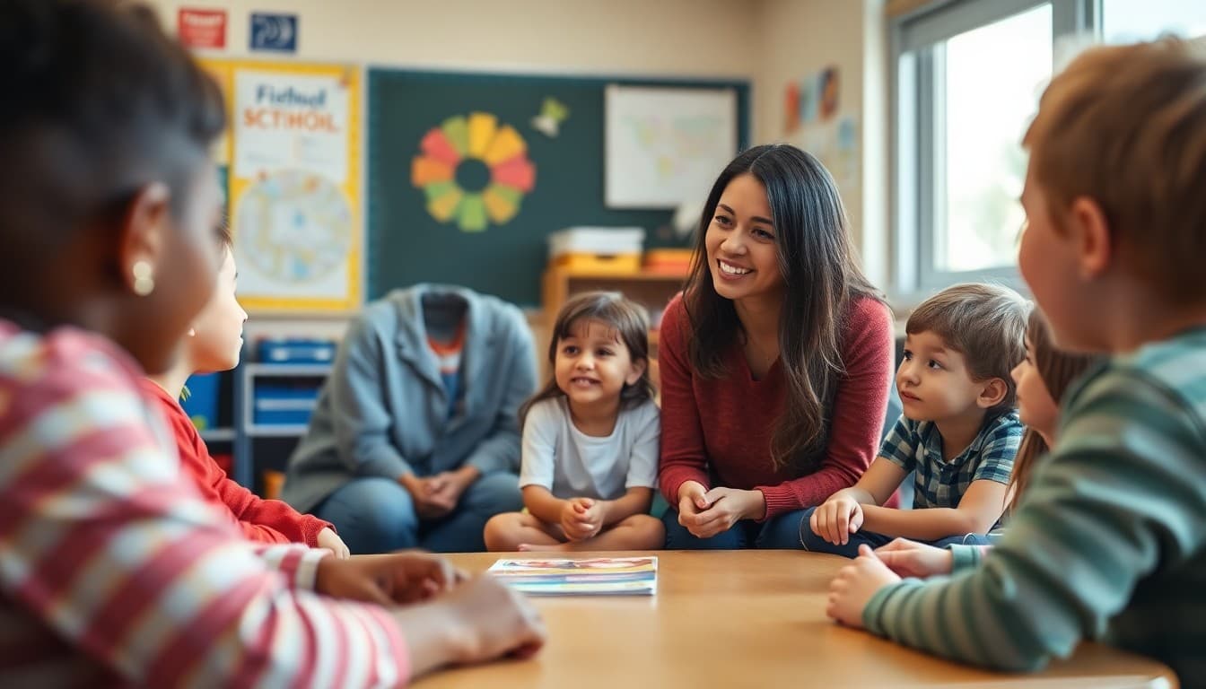 School counselor facilitating a friendship skills group with elementary school students