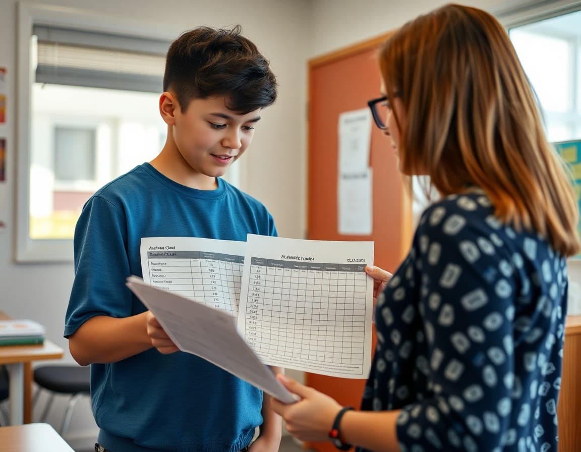 Student reviewing academic goal progress chart with school counselor in counseling office
