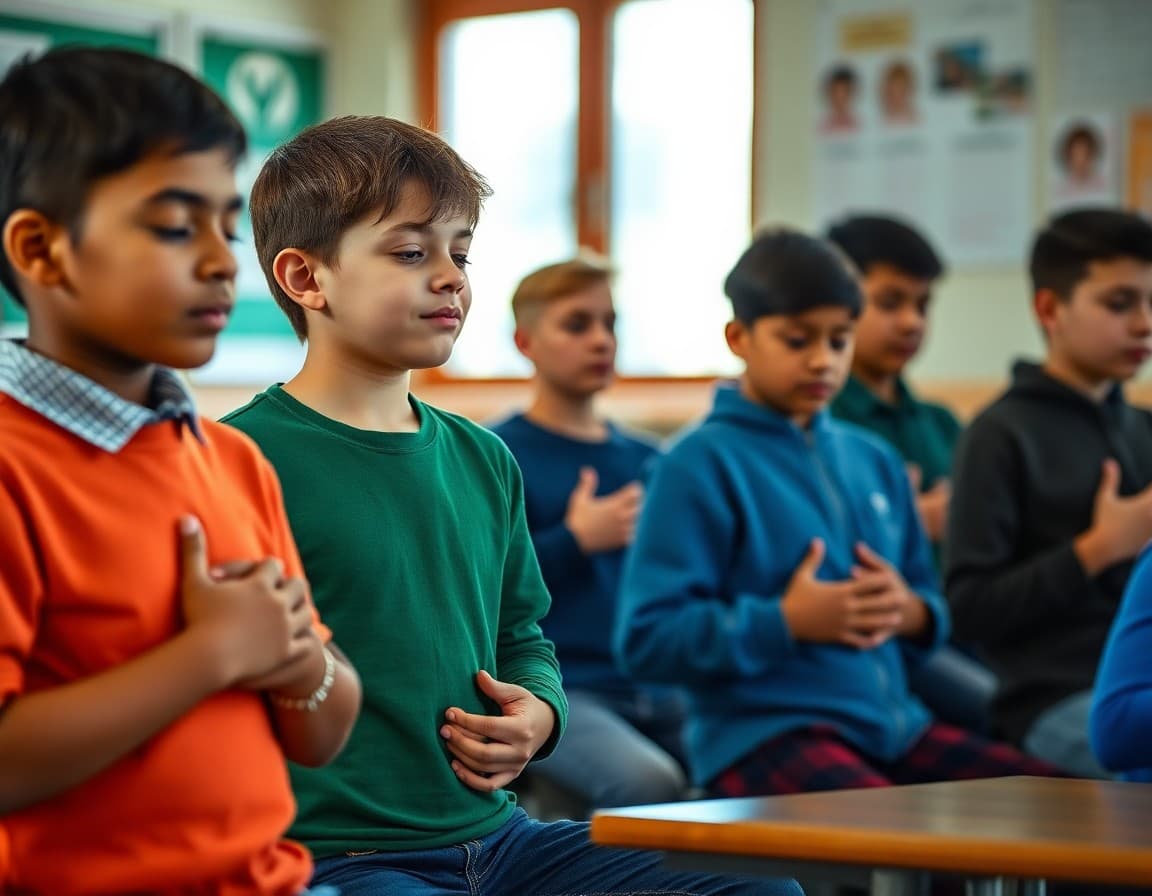 Students practicing mindful breathing with hands on belly during classroom guidance session