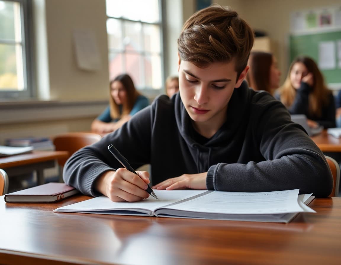 High school senior writing a scholarship application essay at a desk with counselor feedback notes
