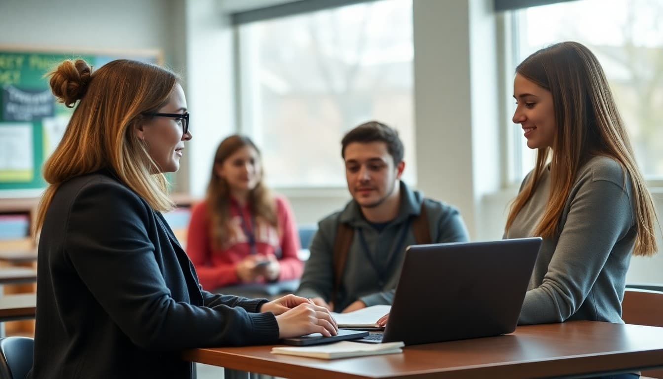 School counselor showing a scholarship database to two high school seniors on a laptop
