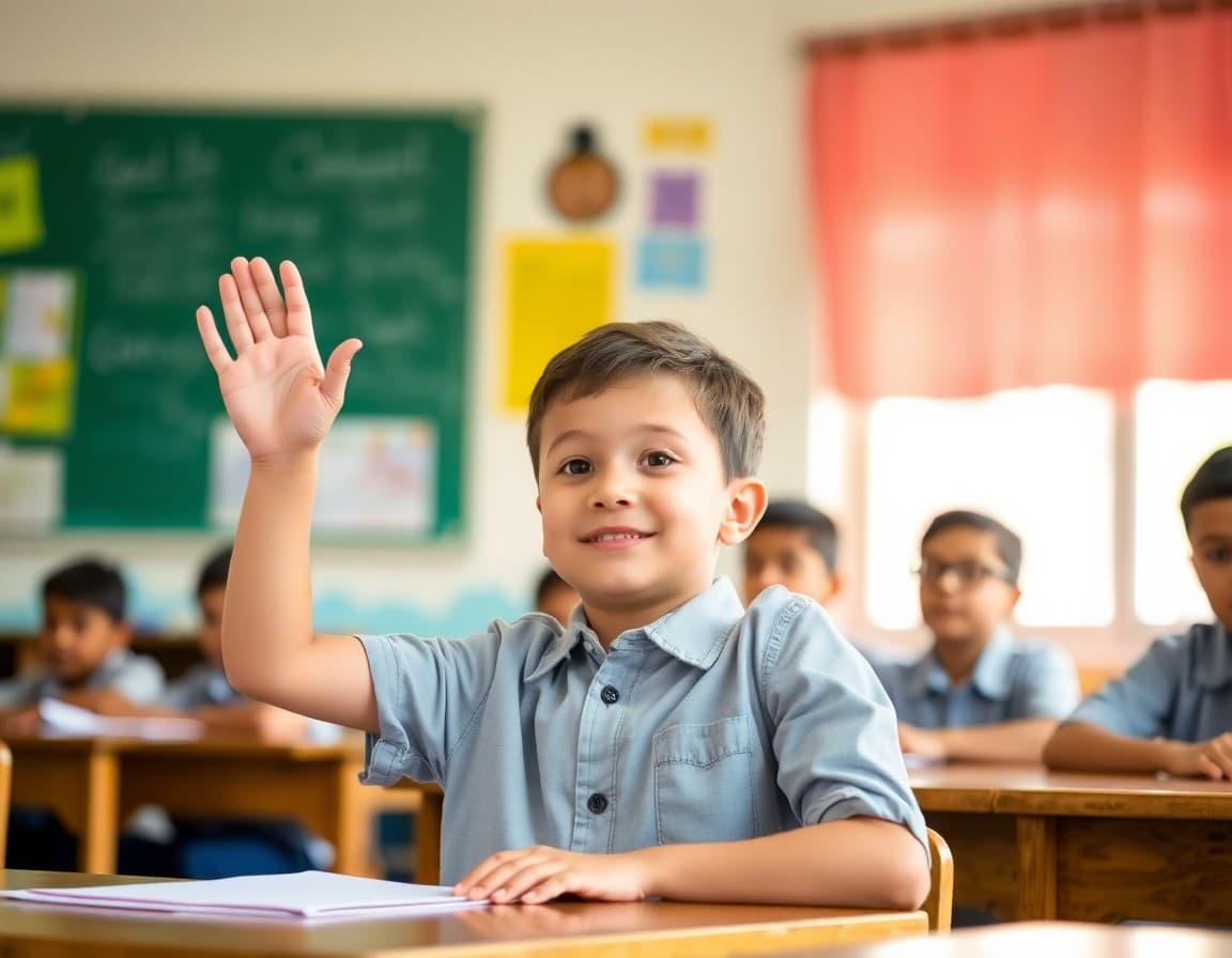 Elementary student raising hand with confidence during classroom guidance lesson