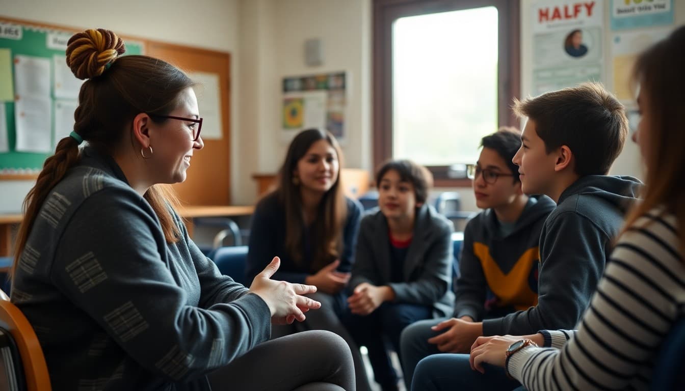 School counselor running a social skills group with students practicing conversation skills