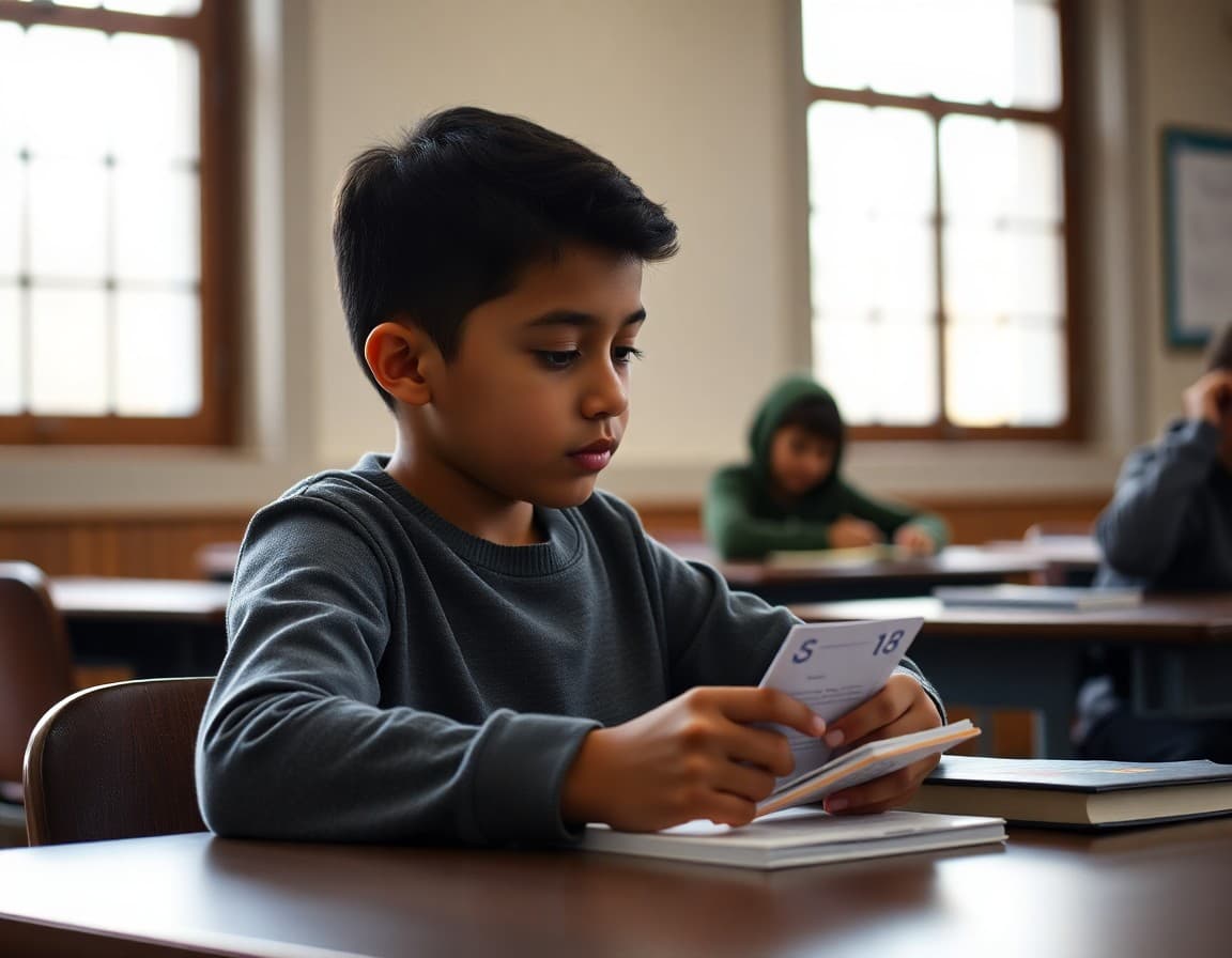 Student using flashcards and active recall strategies at a desk during study session