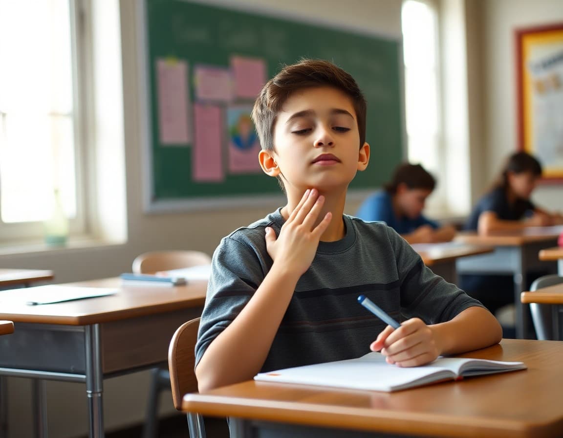 Student using breathing technique and calming strategies at desk before a school exam