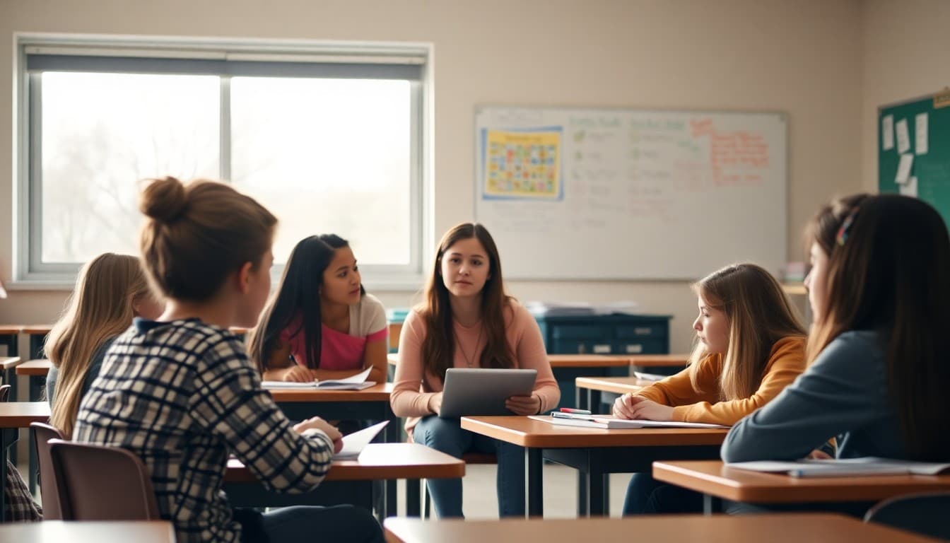 School counselor teaching test anxiety management strategies to a group of middle school students