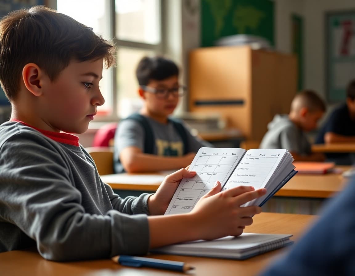 Middle school student using a planner and schedule to organize homework assignments and activities