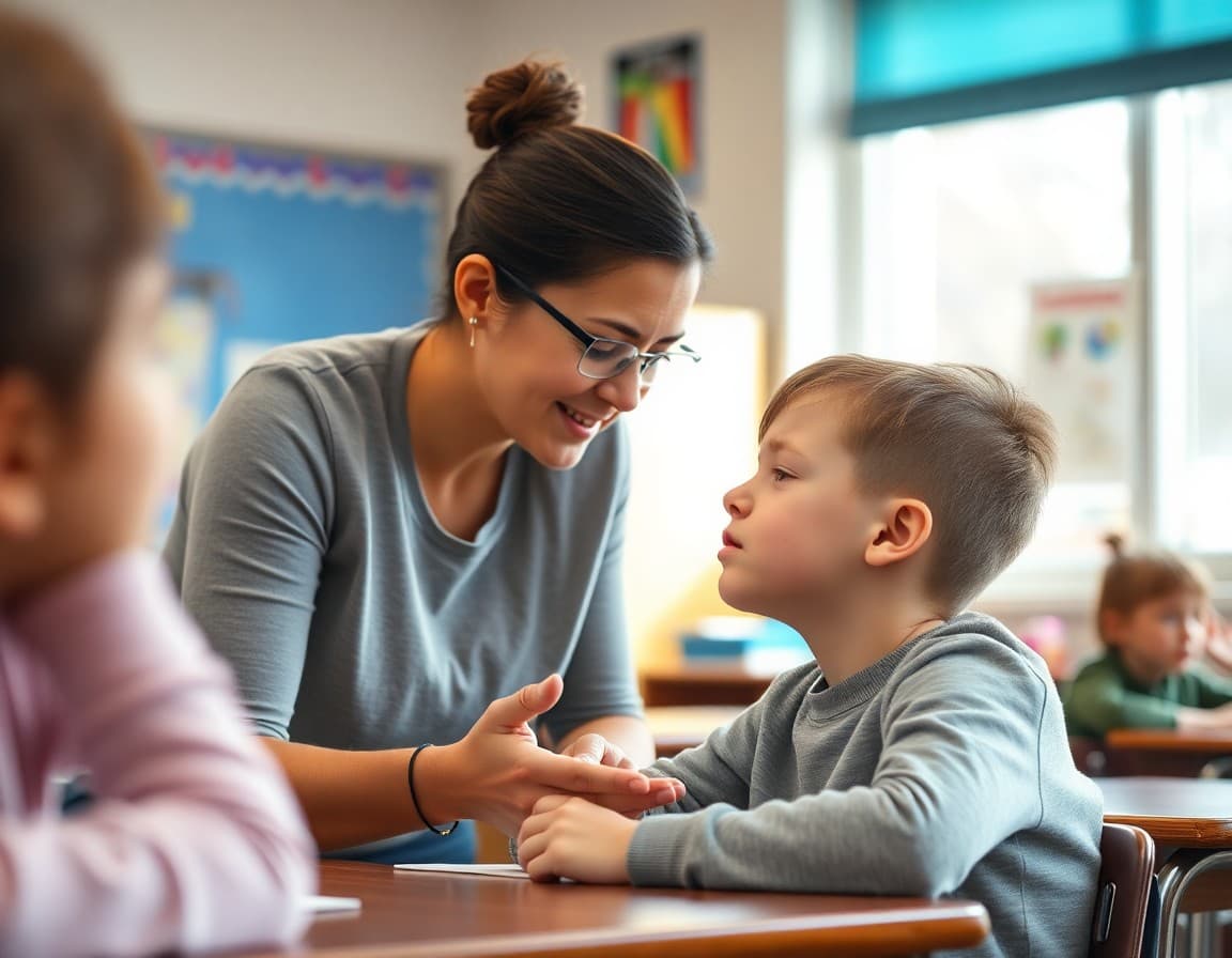Teacher using a calm regulation strategy with a student who is visibly distressed in classroom