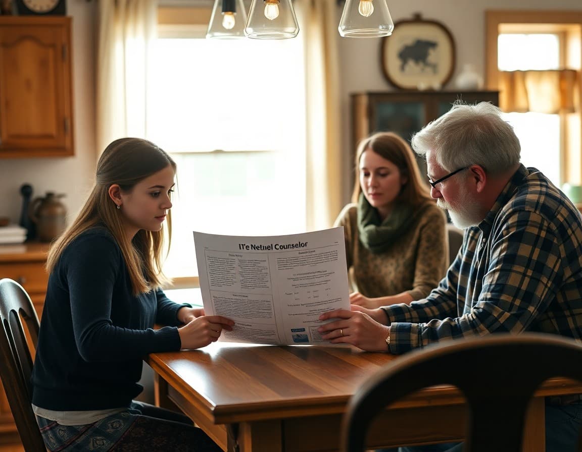 South Dakota family reading a school counselor newsletter at a kitchen table in a farmhouse