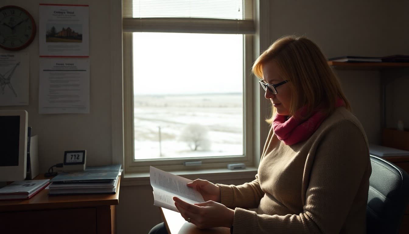 South Dakota school counselor writing a newsletter in a school office with Great Plains winter landscape outside