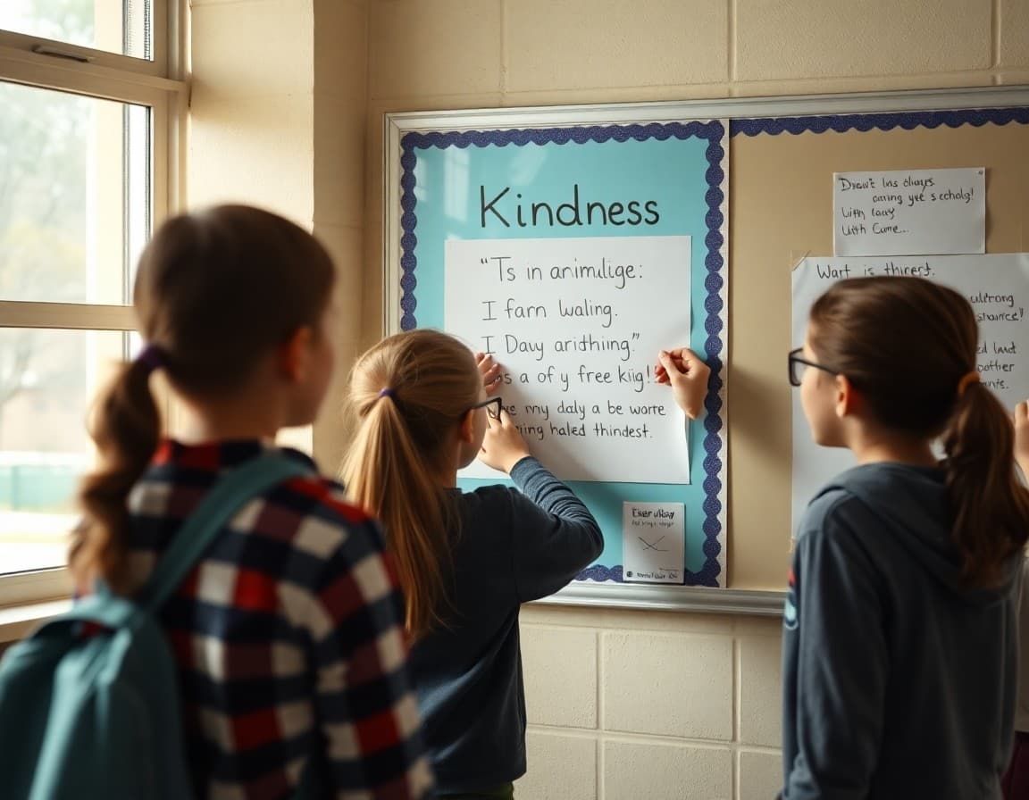 Students putting up a kindness pledge on a school bulletin board
