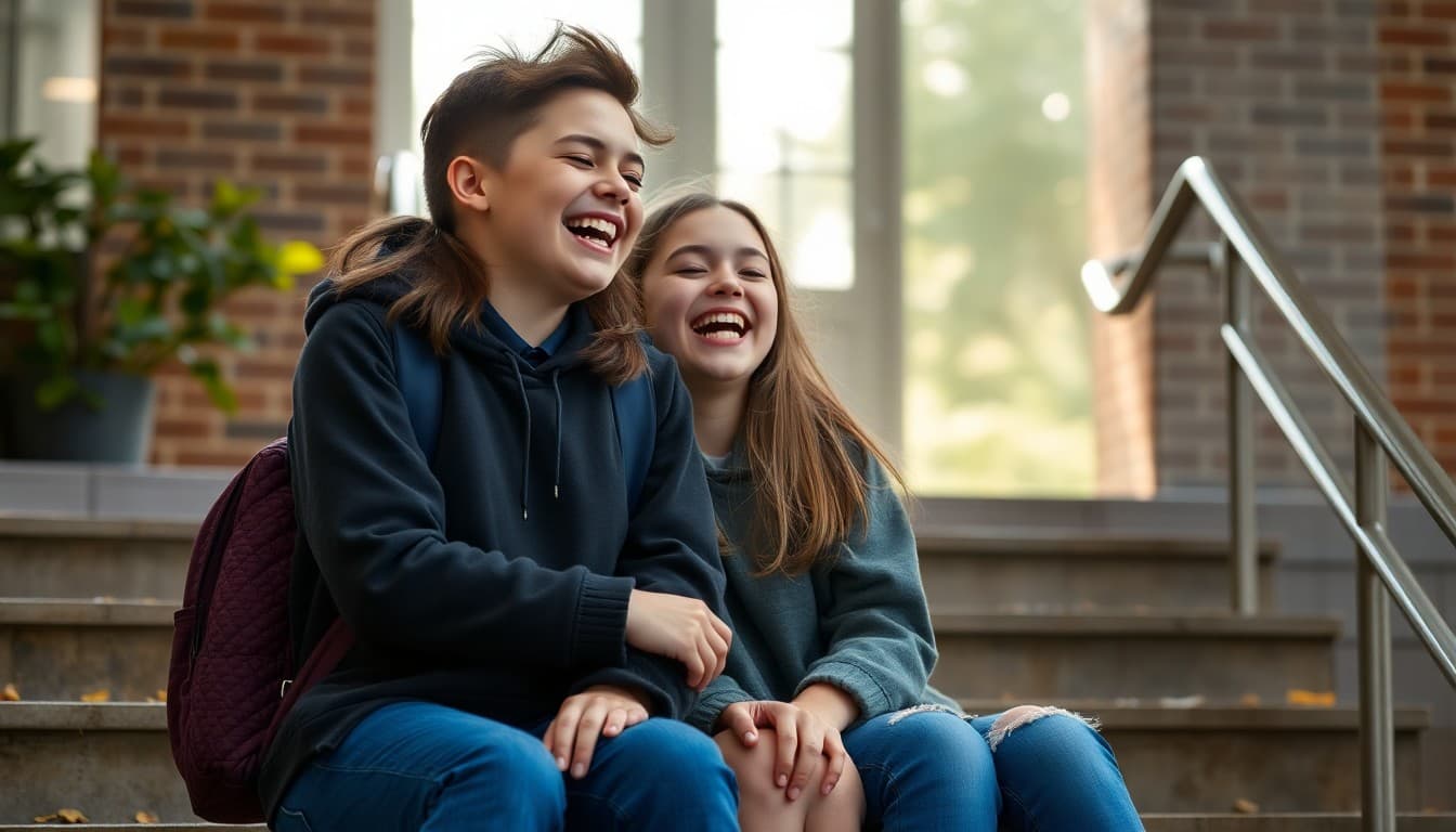 Two students laughing together on school steps in September
