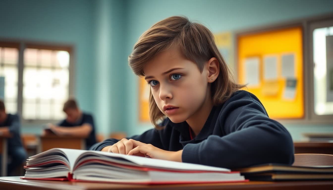 Student looking tense while studying with textbooks spread on a desk