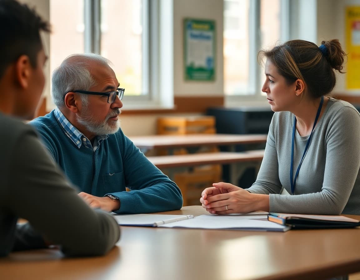 Parent and school social worker discussing family resources at a school table
