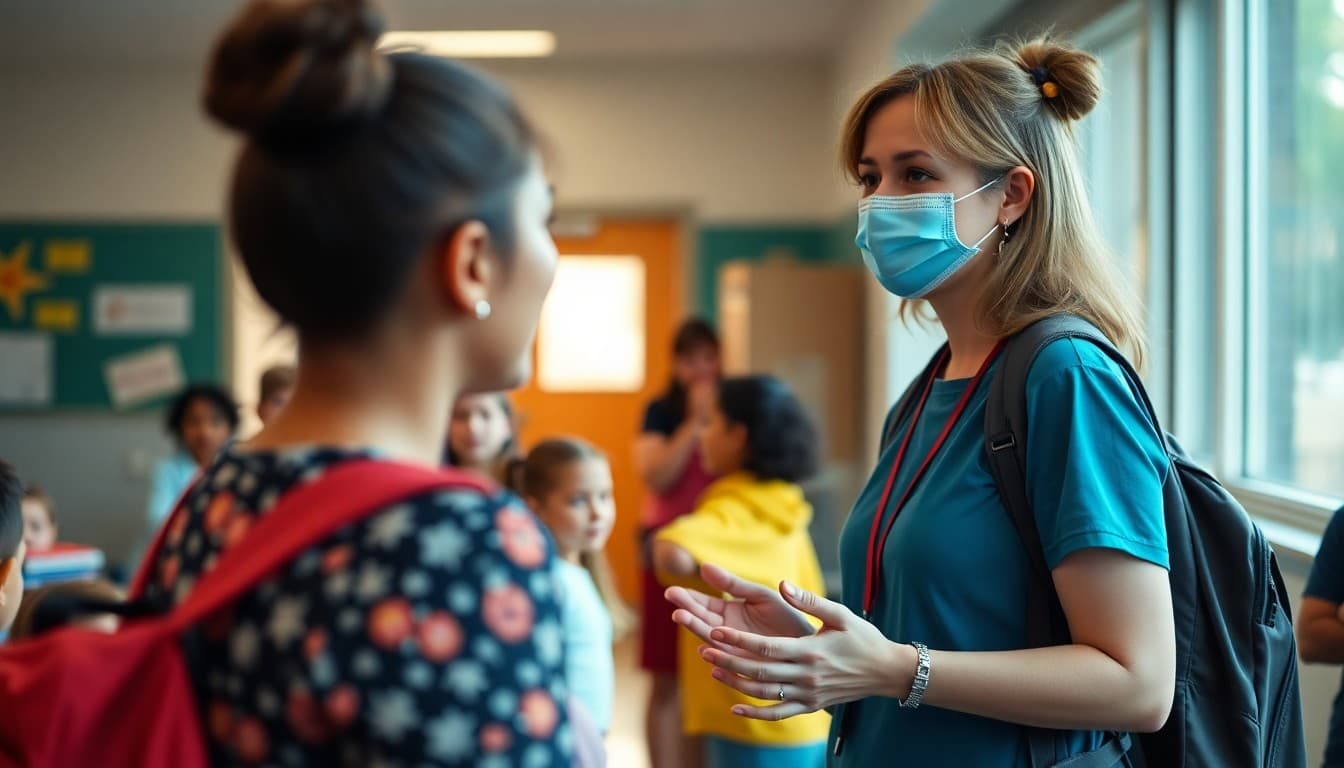 School social worker greeting families at a back-to-school night event