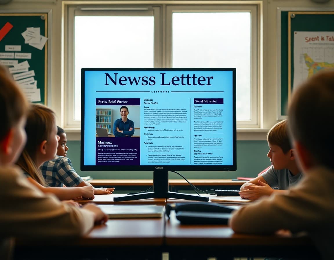 Organized newsletter layout on a screen showing a school social worker template