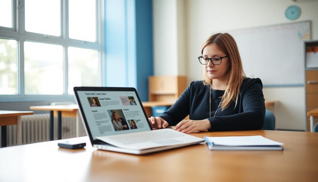 School social worker working on a monthly newsletter template on a laptop