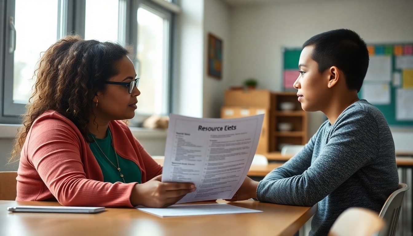 School social worker sharing a resource list with a parent at a school desk