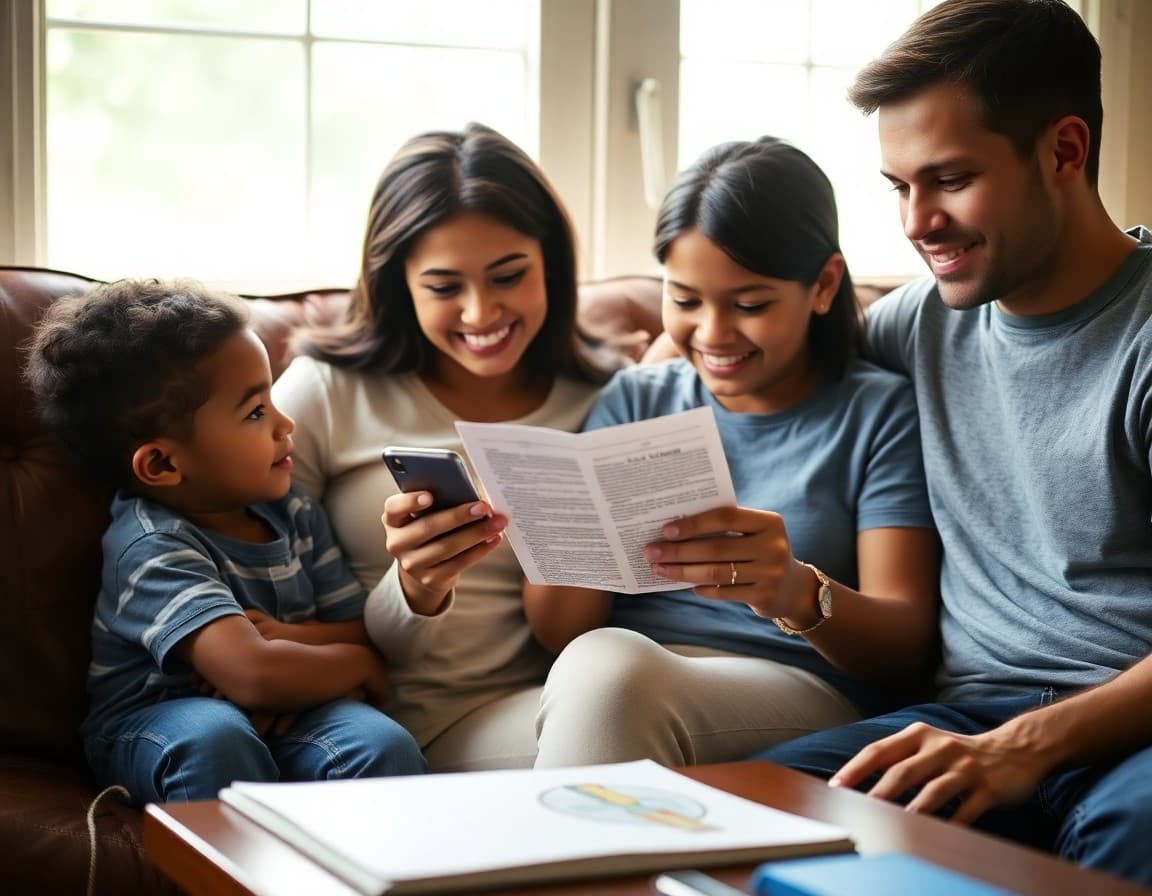 Texas family reading a school counselor newsletter on a phone at home