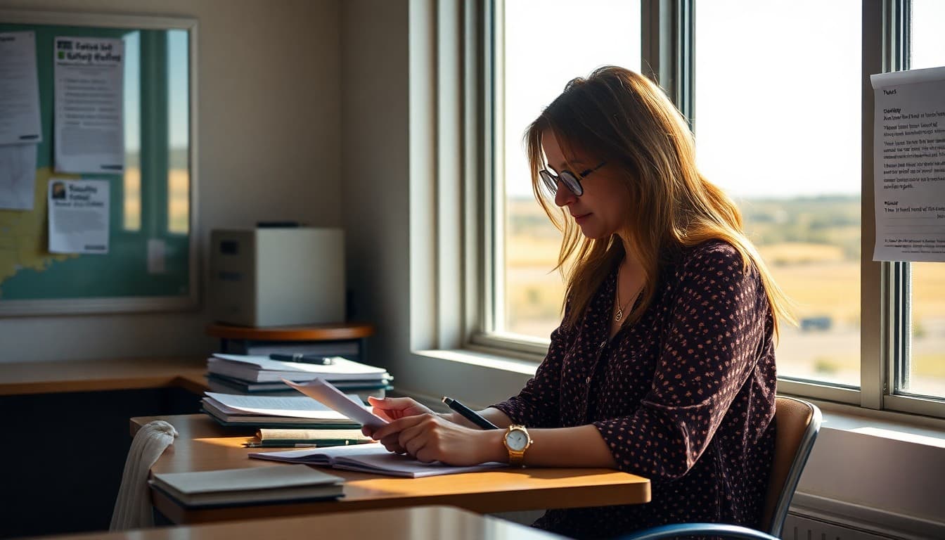 Texas school counselor writing a newsletter in a school office with Texas landscape visible through the window