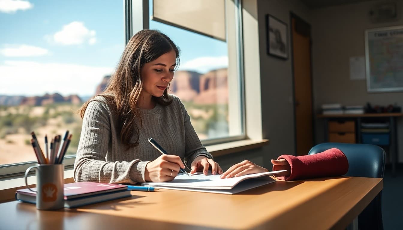 Utah school counselor writing a newsletter in a school office with Utah red rock landscape visible outside