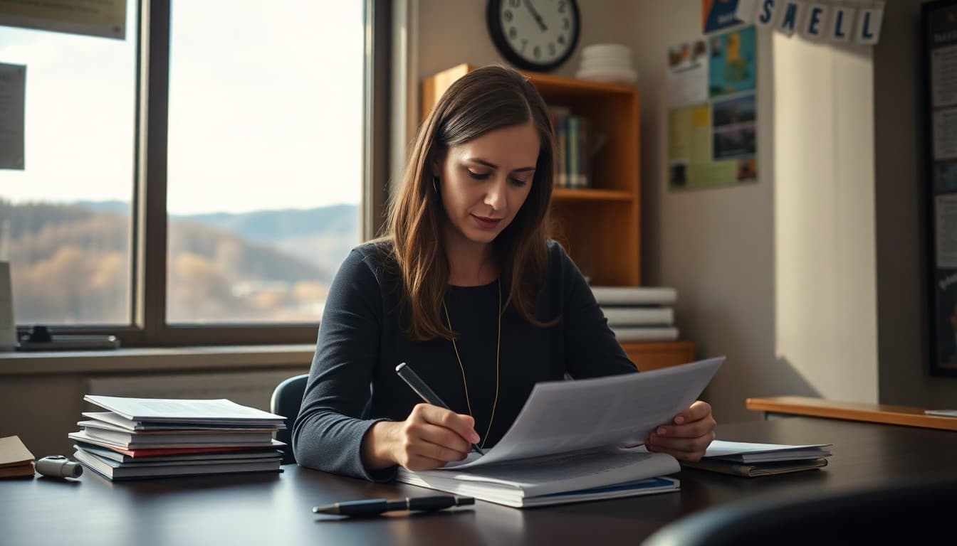 Virginia school counselor writing a newsletter in a school office with Virginia Blue Ridge Mountains visible