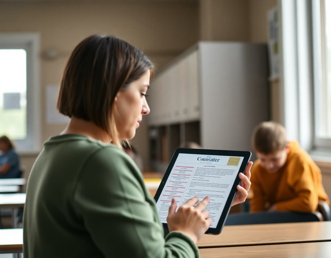 Parent reading a school counselor newsletter on a tablet