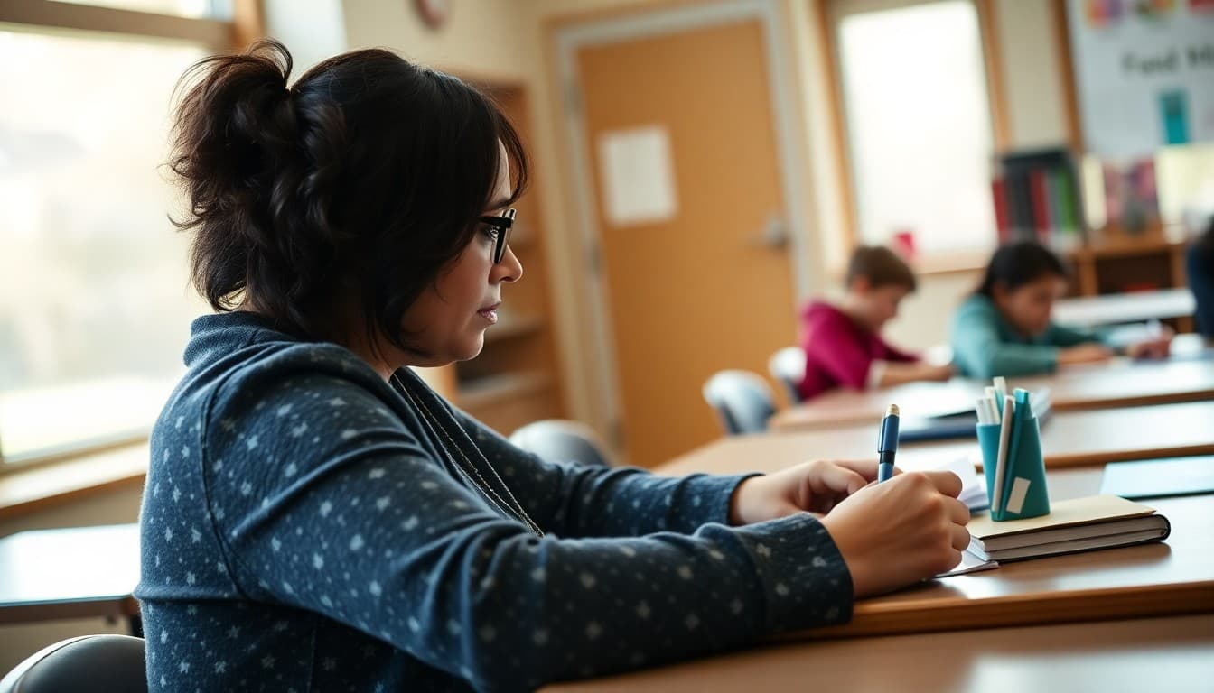 Wisconsin school counselor writing a family newsletter at a desk