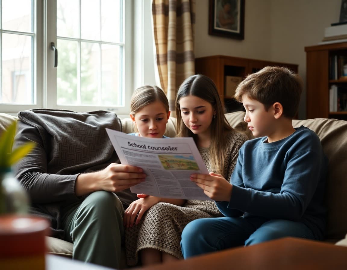 West Virginia family reading a school counselor newsletter at home