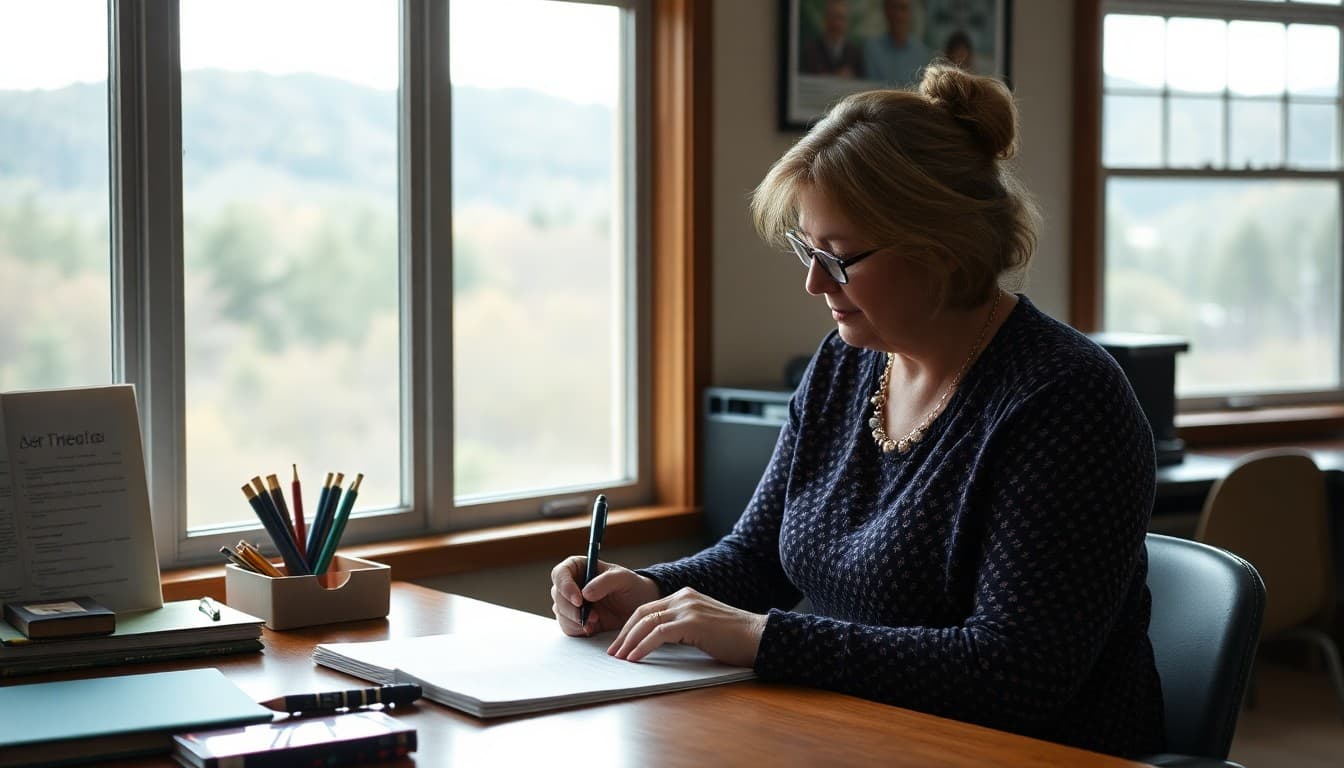 West Virginia school counselor writing a newsletter in an Appalachian school office with forested hills visible outside