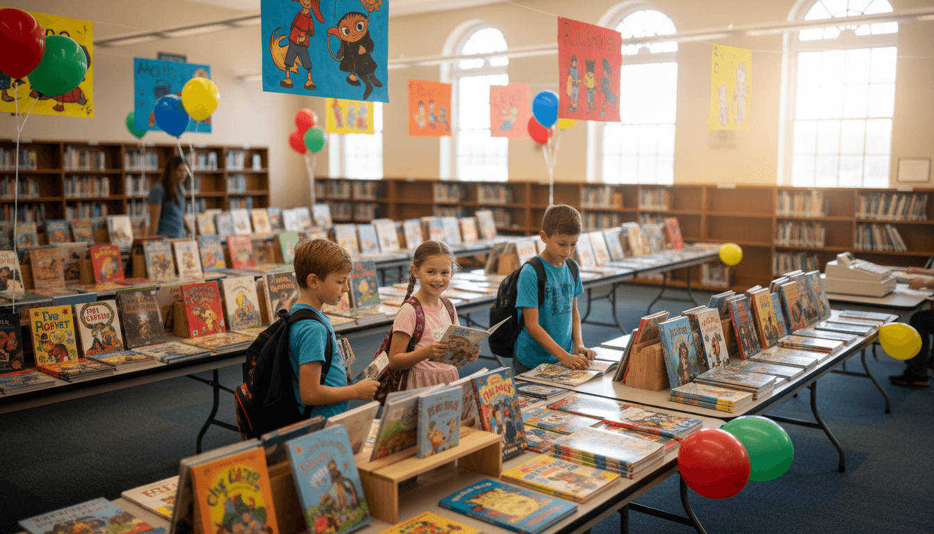 A school book fair setup in a library with rolling display cases full of books and a welcome sign at the entrance