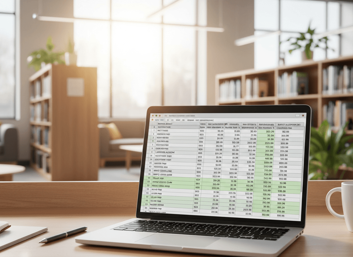 Spreadsheet on a laptop showing collection development data across multiple schools