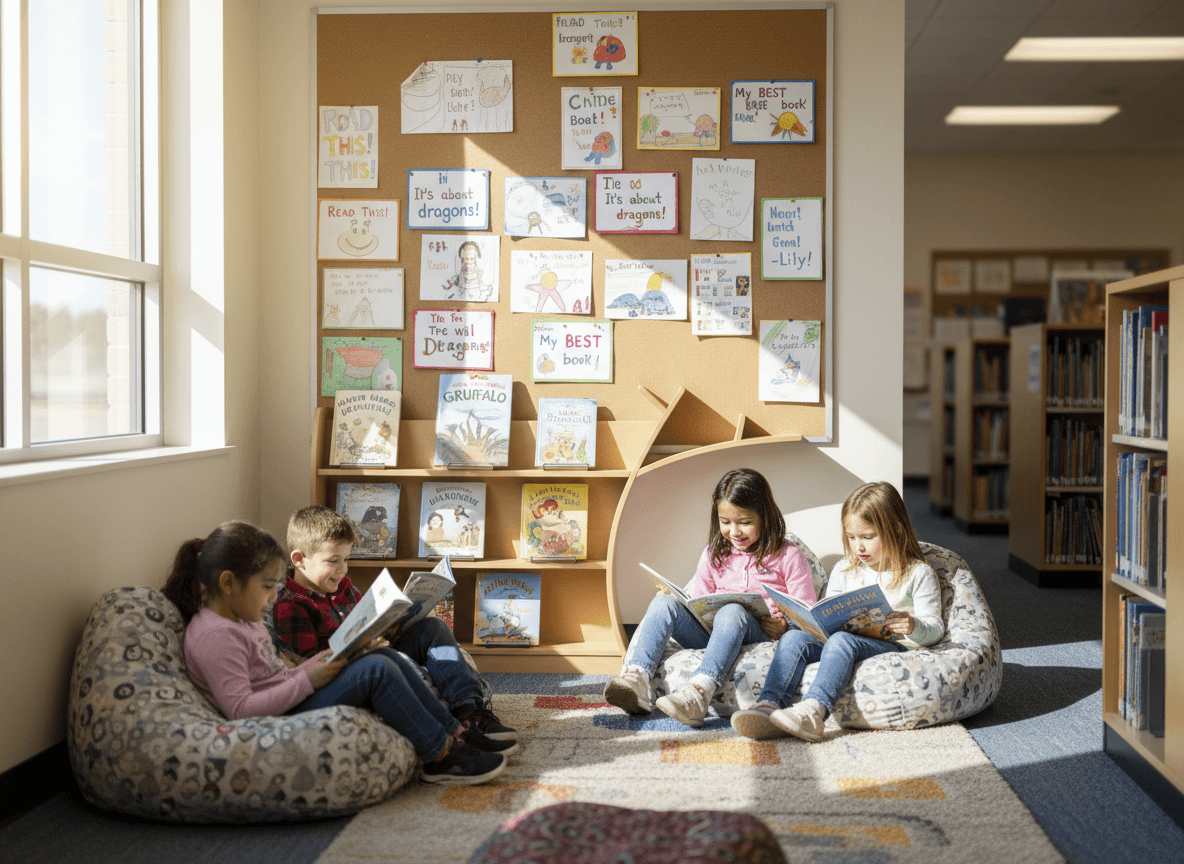 Elementary library reading nook with picture book display and student-made book recommendation cards