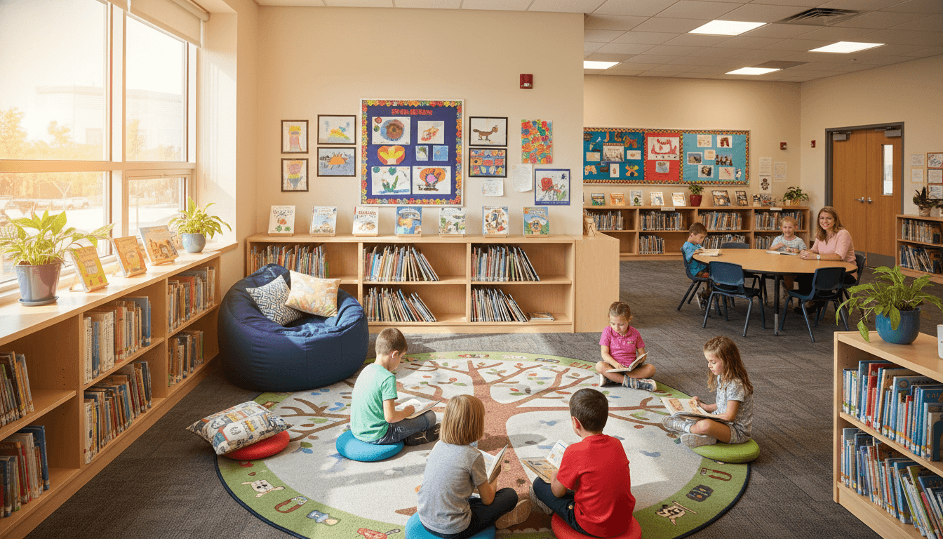 Elementary library with reading nook, low shelves, and student artwork on the walls